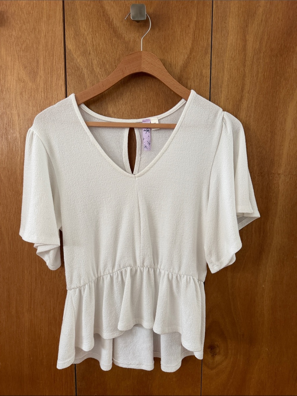 Alya White V-Neck Peplum Top with Flutter Sleeves